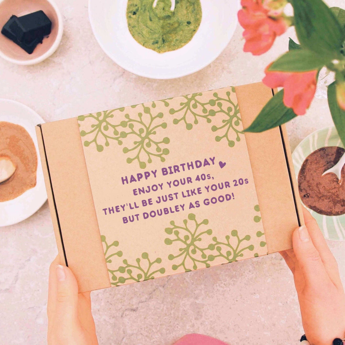 40th birthday letterbox gift with gift message 'happy birthday enjoy your 40s'
