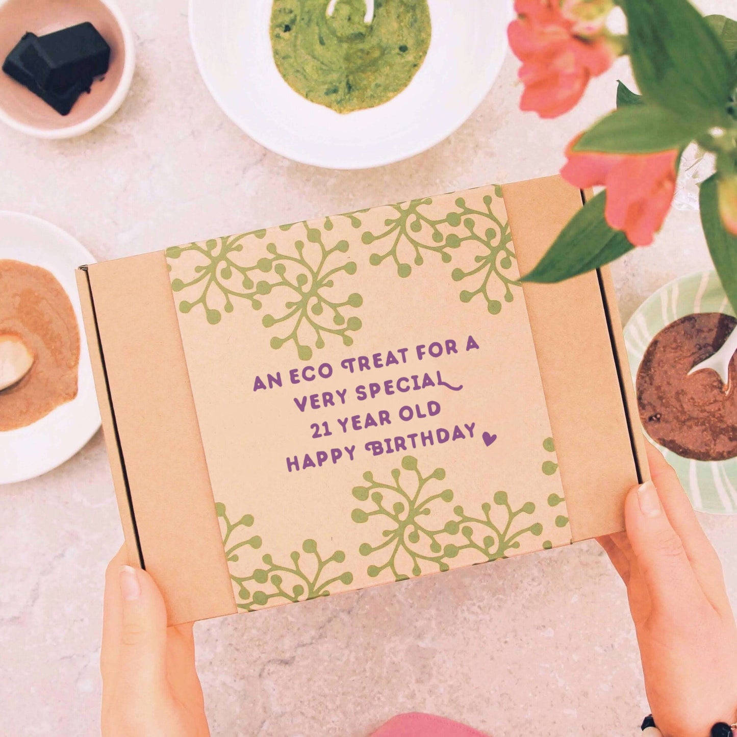 21st birthday letterbox gift with gift message 'an eco treat for a very special 21 year old happy birthday'