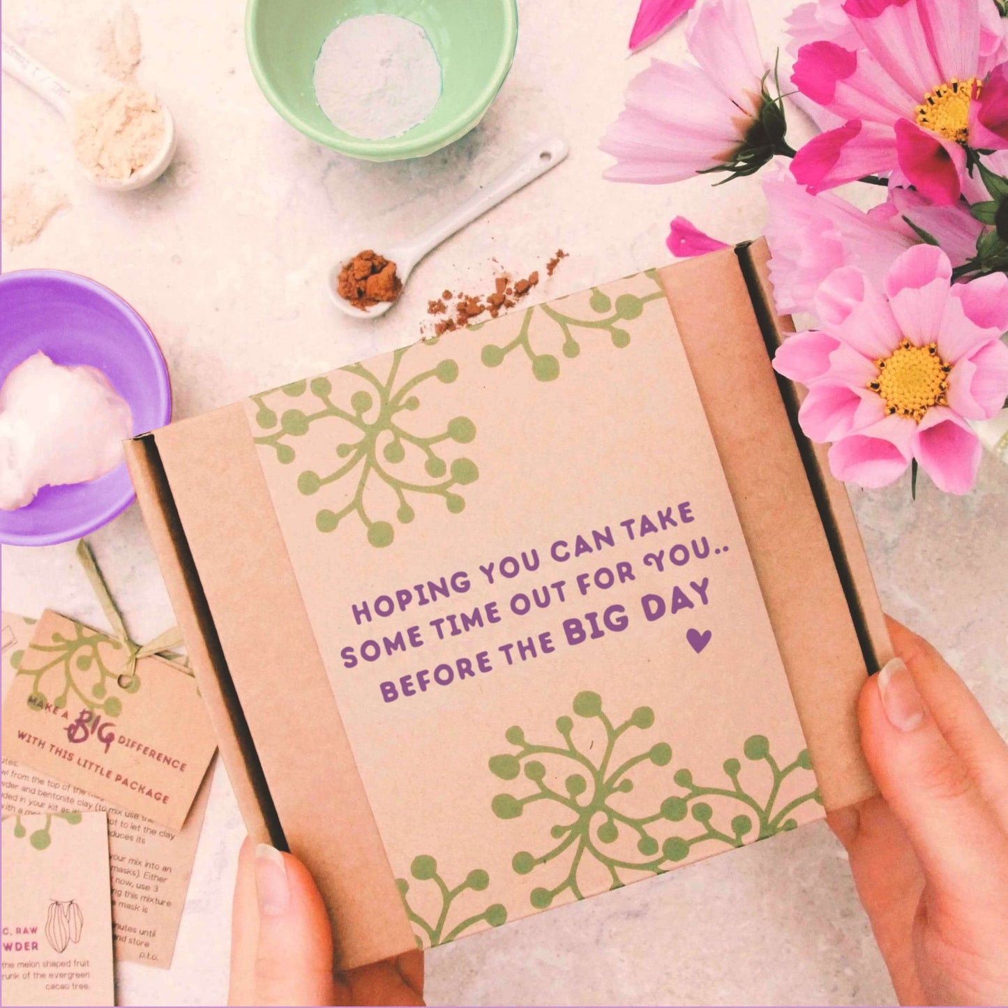 bride to be pamper gift with gift message 'hoping you can take some time our for you... before the big day'