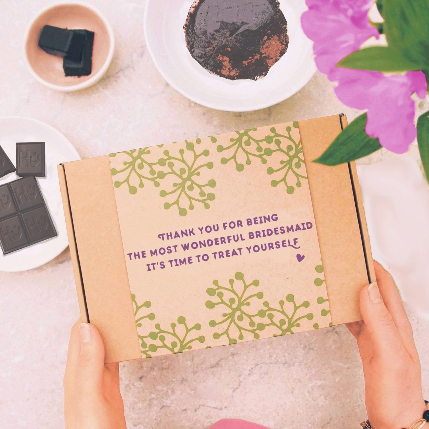 bridesmaid thank you gift with gift message 'thank you for being the most wonderful bridesmaid'
