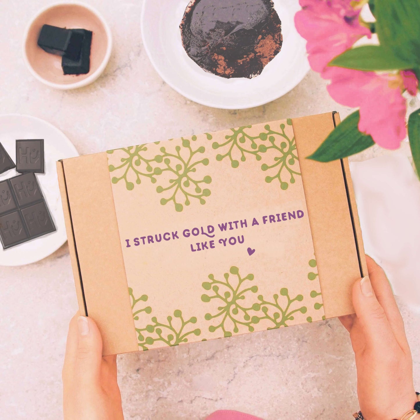 self care gift box with gift message 'i struck gold with a friend like you'