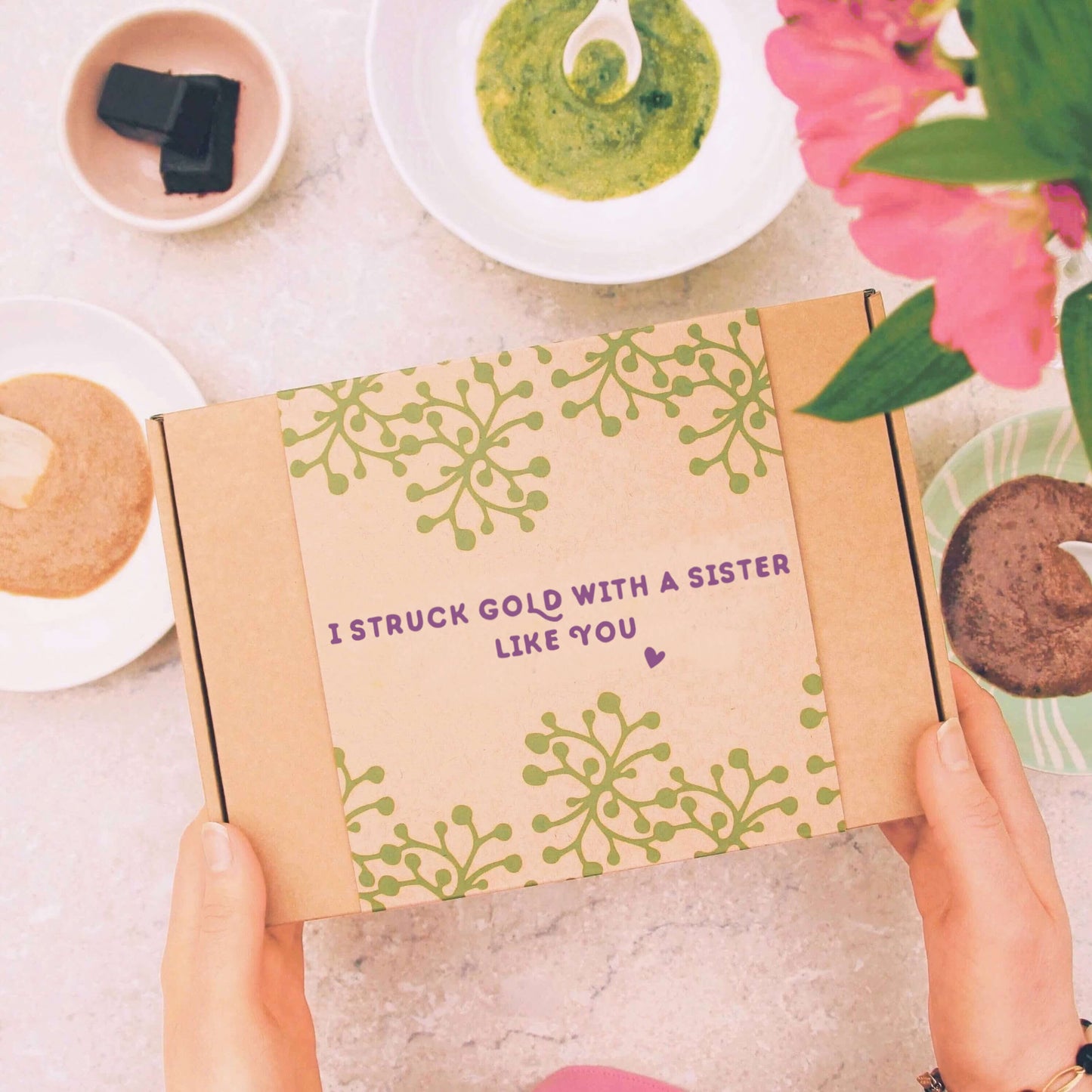 sister pamper gift with gift message 'i struck gold with a sister like you'
