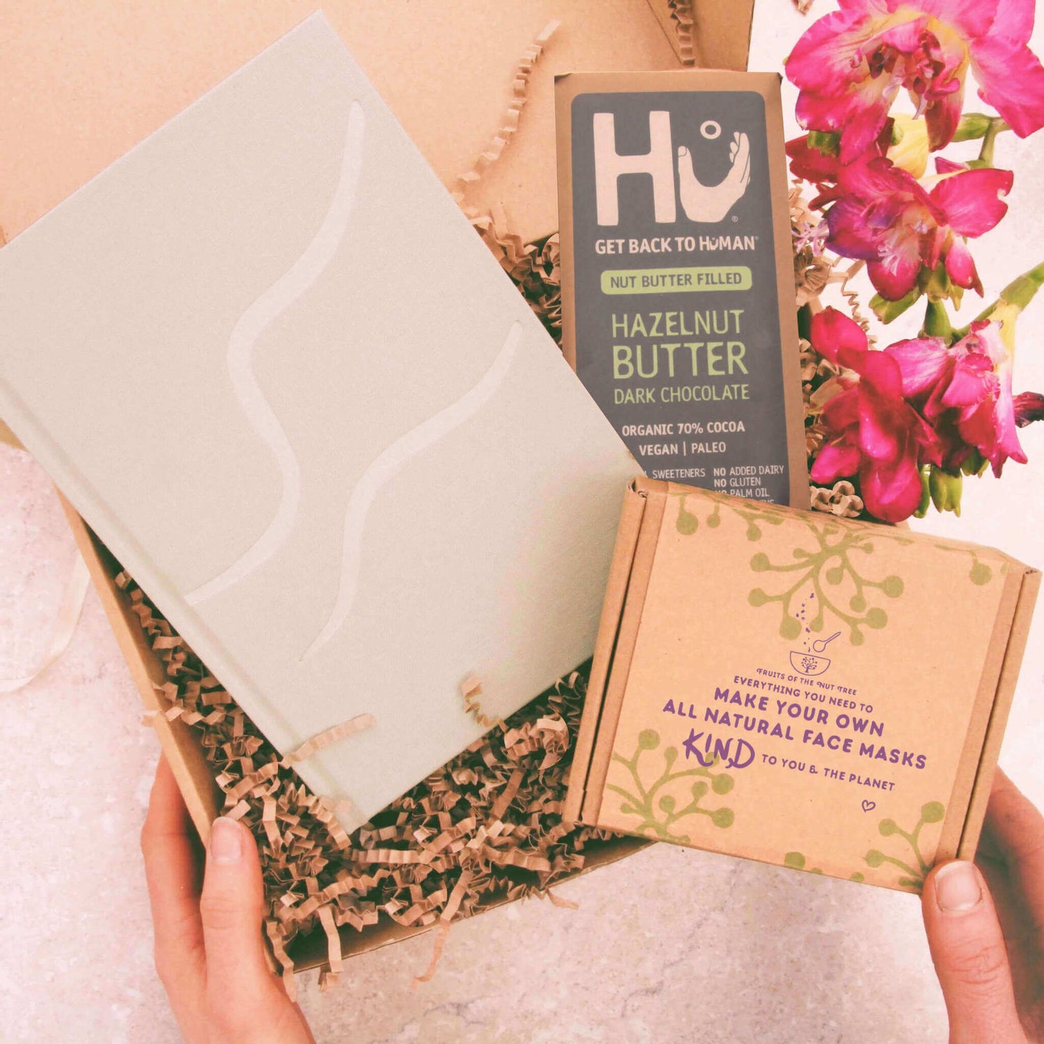 wellness gift box with organic vegan make your own skincare kit, luxury organic chocolate and give yourself kindness wellness journal