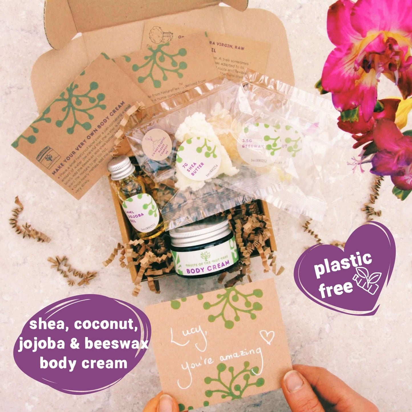 organic skincare kit ingredients packaged in eco-friendly plastic free packaging inside 30th birthday gift box