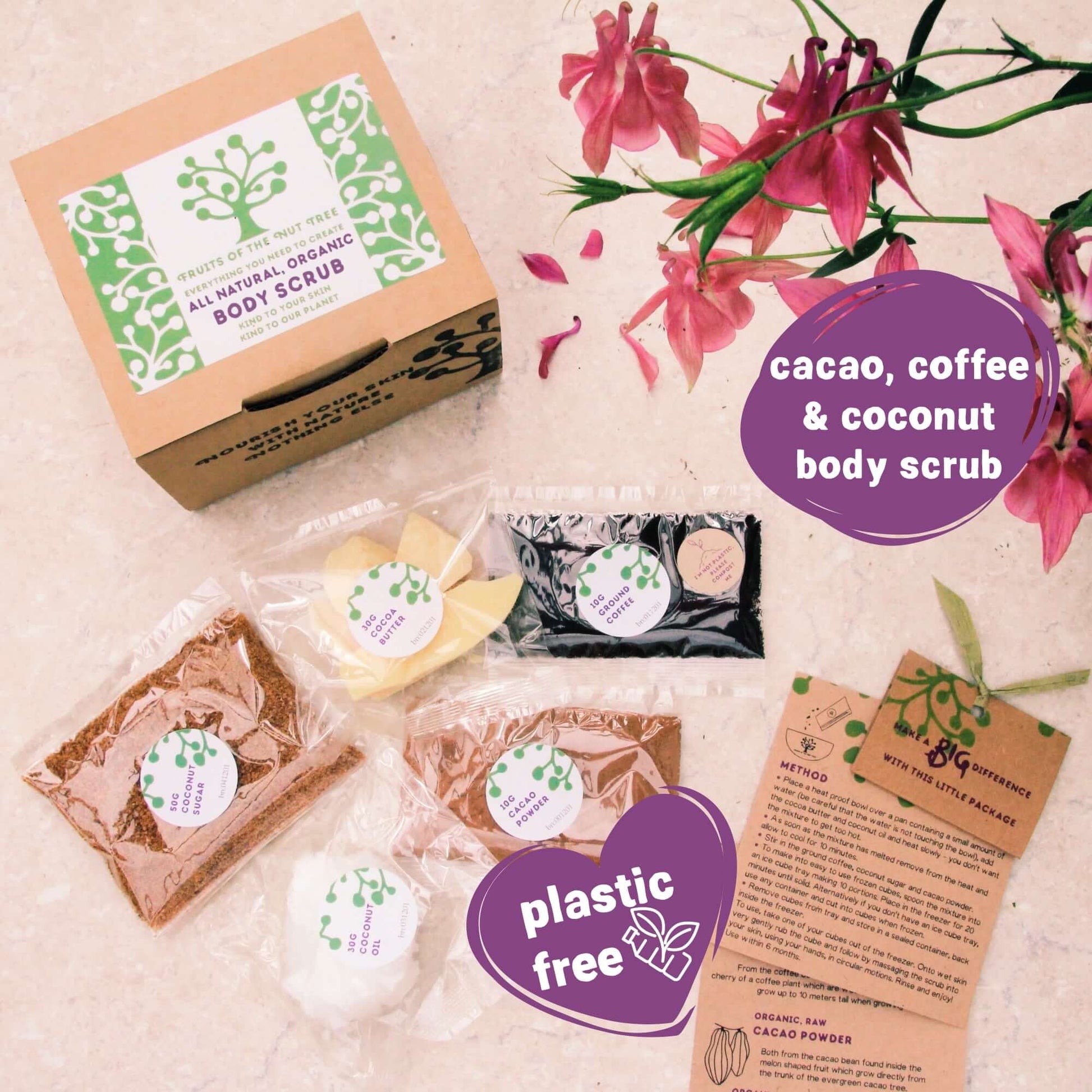cacao, coffee, coconut make your own body scrub kit with eco-friendly plastic free packaging