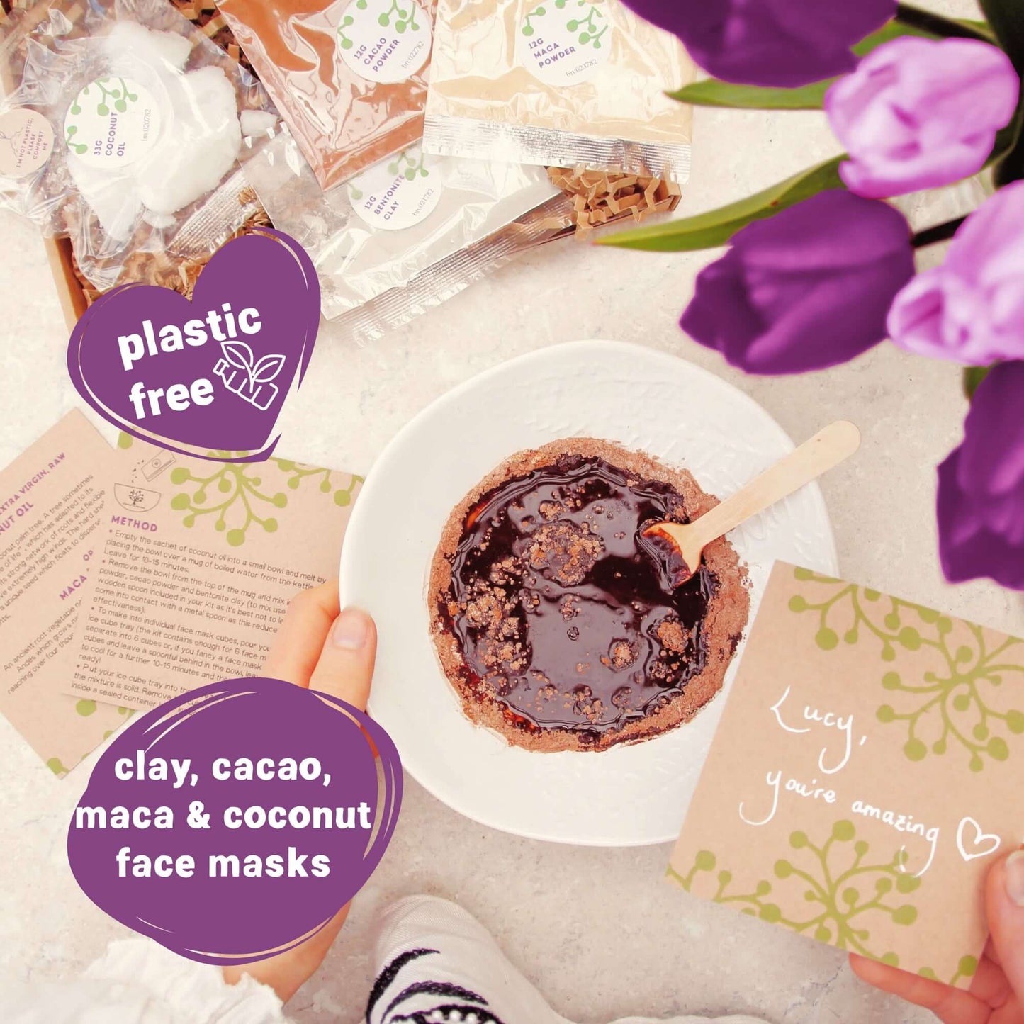 organic vegan face mask kit ingredients packaged in eco-friendly, plastic free packaging