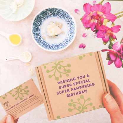 birthday gift with gift message 'wishing you a super special super pampering birthday'