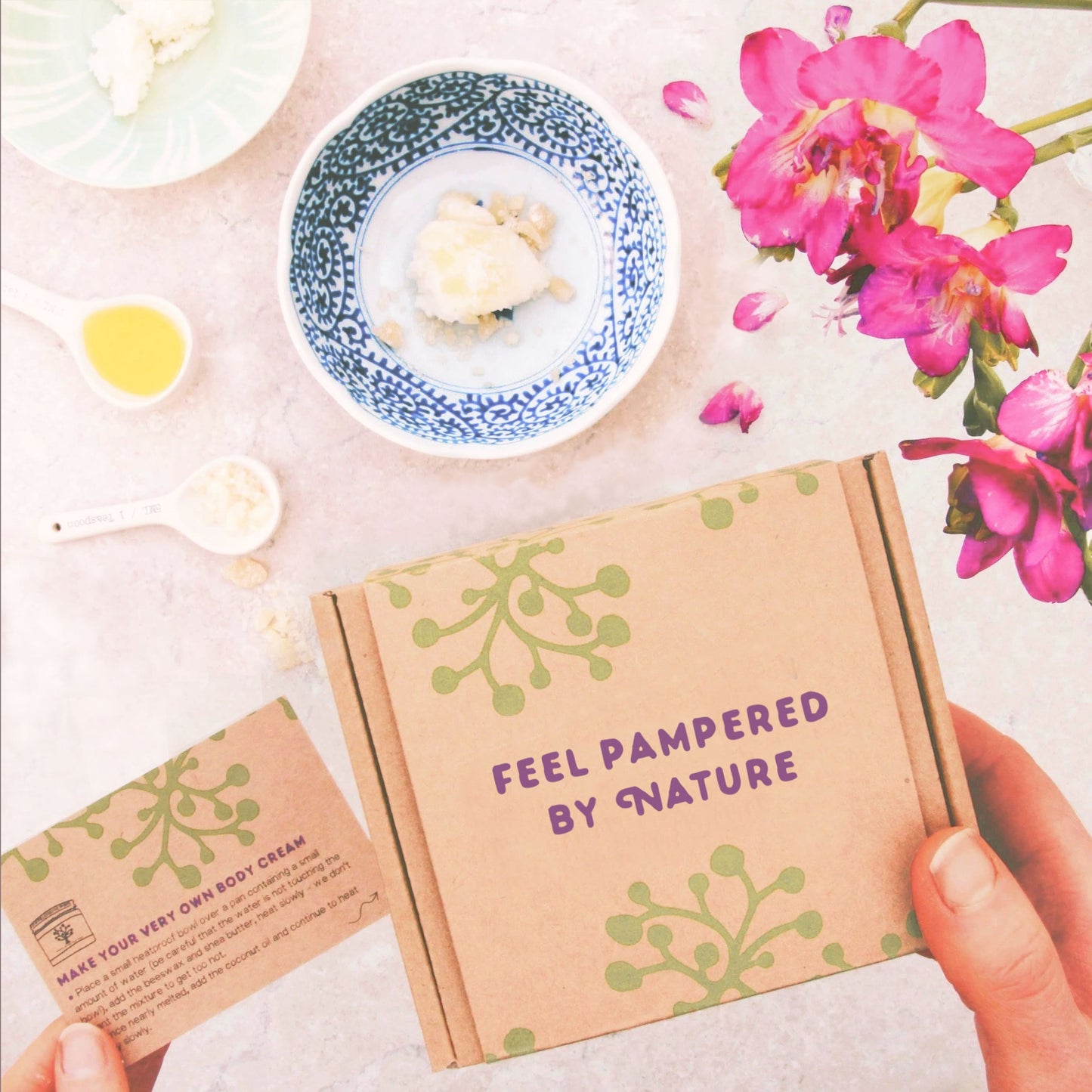 make your own moisturiser gift with gift message 'pampering by nature'