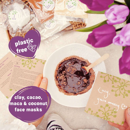 organic vegan face mask kit ingredients packaged with eco-friendly plastic free packaging
