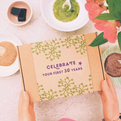 30th birthday letterbox gift with gift message 'celebrate your first 30 years'
