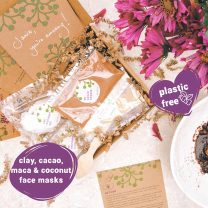 clay, cacao, maca & coconut face mask kit inside letterbox gift box