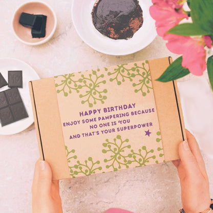 birthday gift with gift message 'happy birthday enjoy some pampering becaue no one is you and that is your superpower'