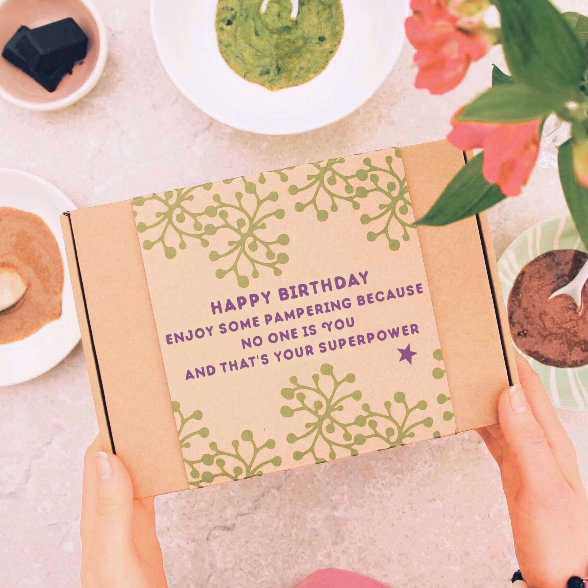 birthday letterbox gift with birthday gift message "happy birthday enjoy some pampering because no one is you and that's your superpower"