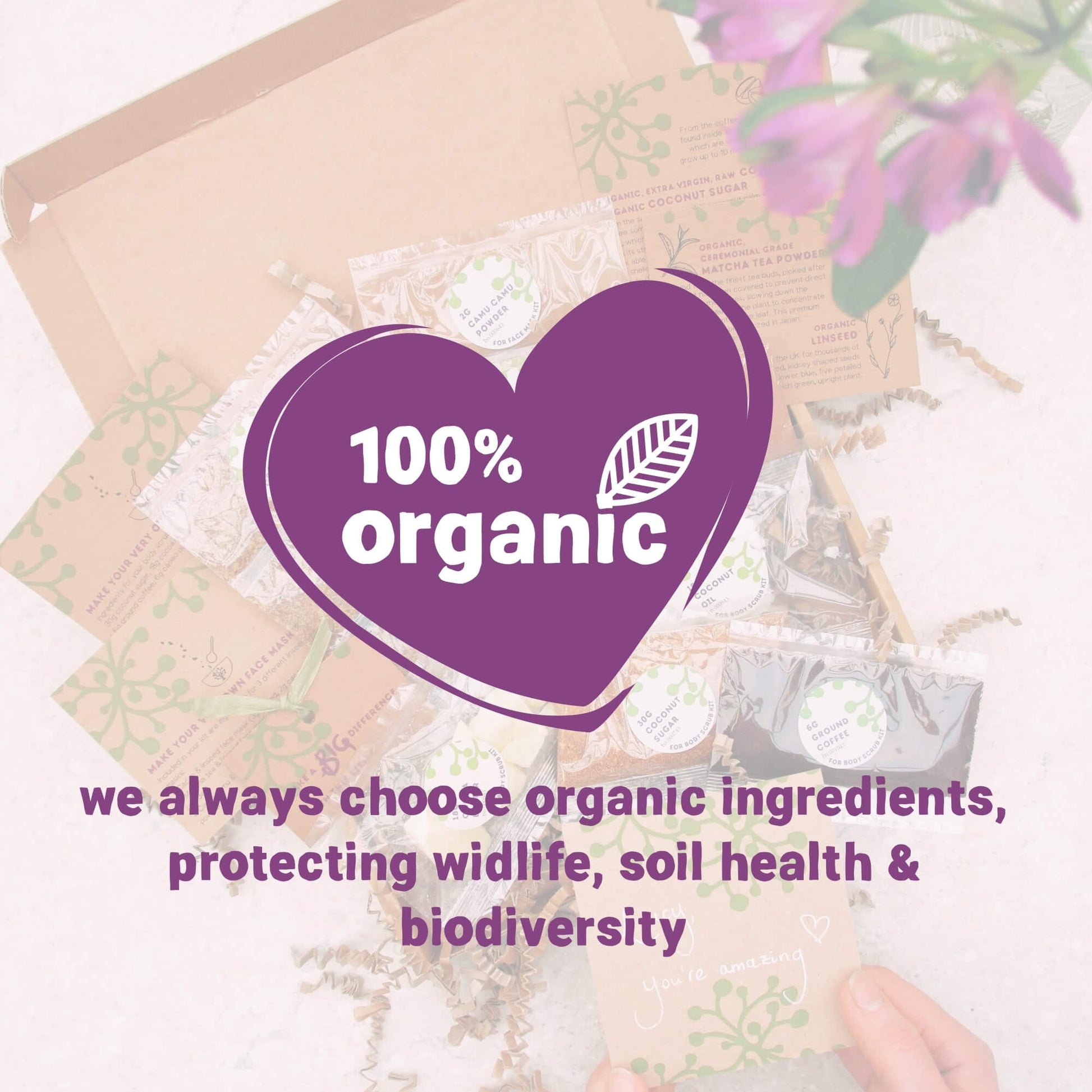 organic, vegan ingredients for skincare kit inside congratulations gift box