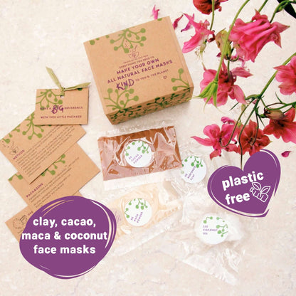 make your own face mask kit box showing ingredients in plastic free packaging