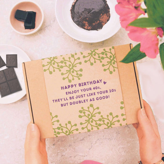 40th birthday gift box with gift message 'happy birthdaym enjoy your 40s,'