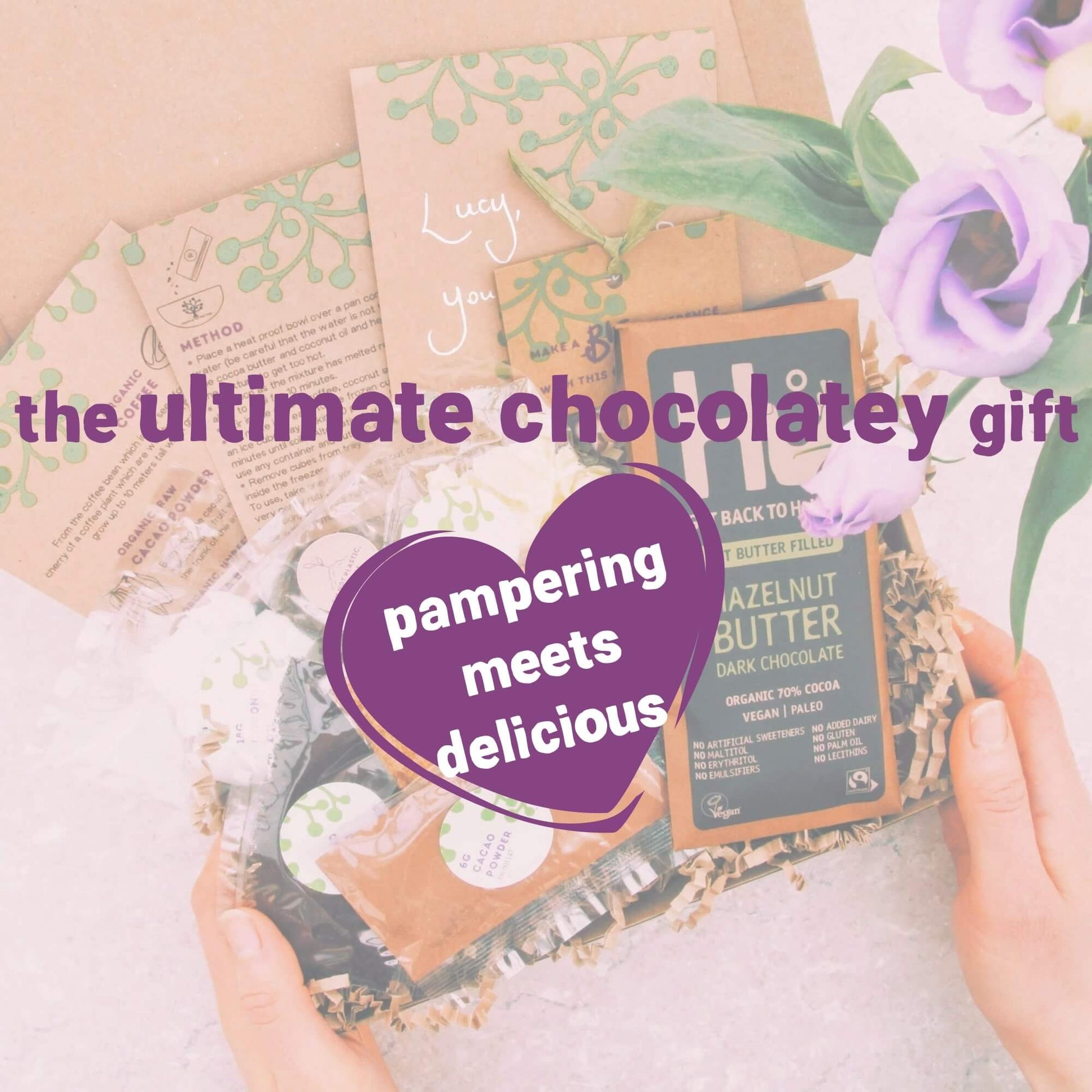 eco-friendly skincare kit and vegan chocolate inside gift for mum letterbox box