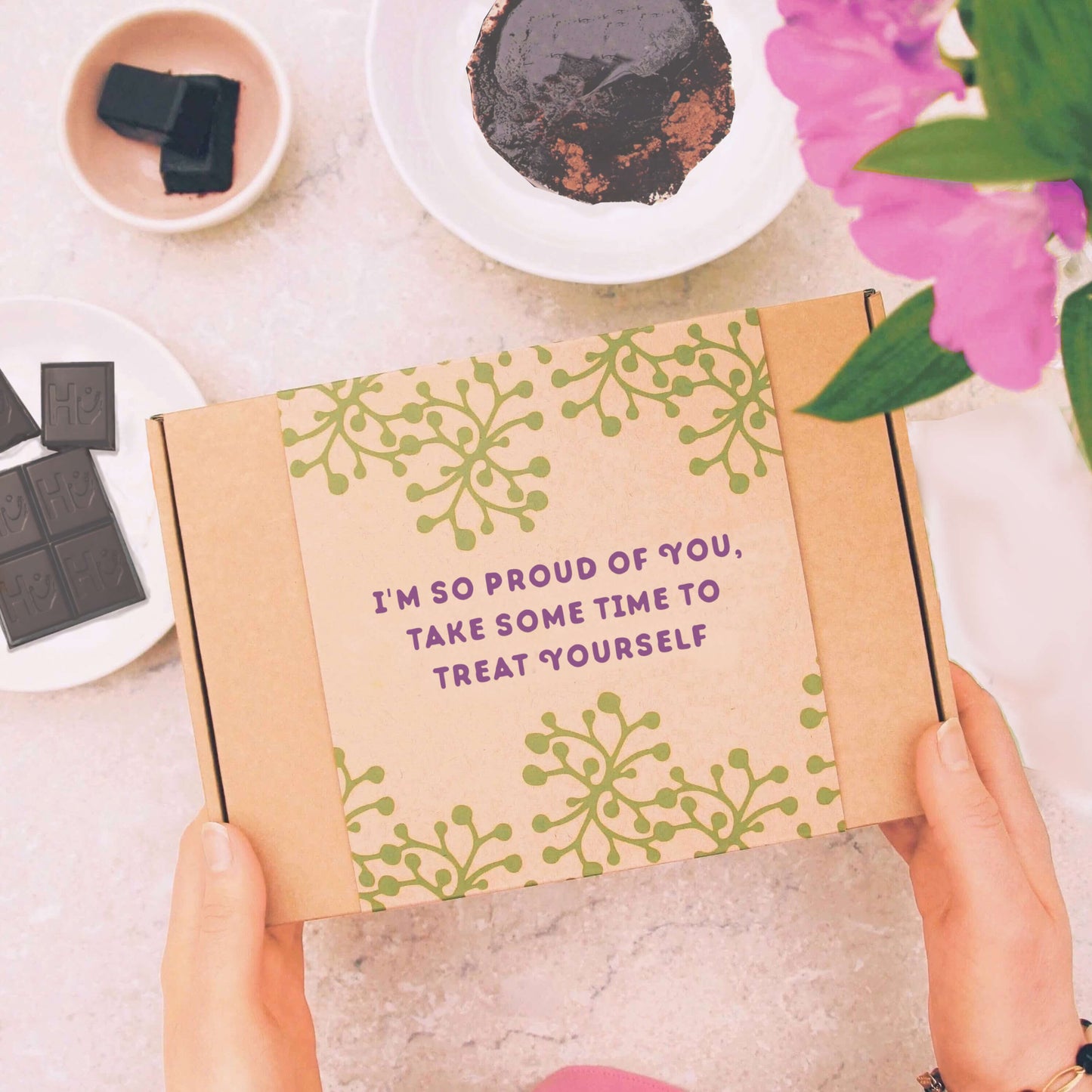 proud of you letterbox gift with gift message 'i'm so proud of you, take some time to treat yourself'