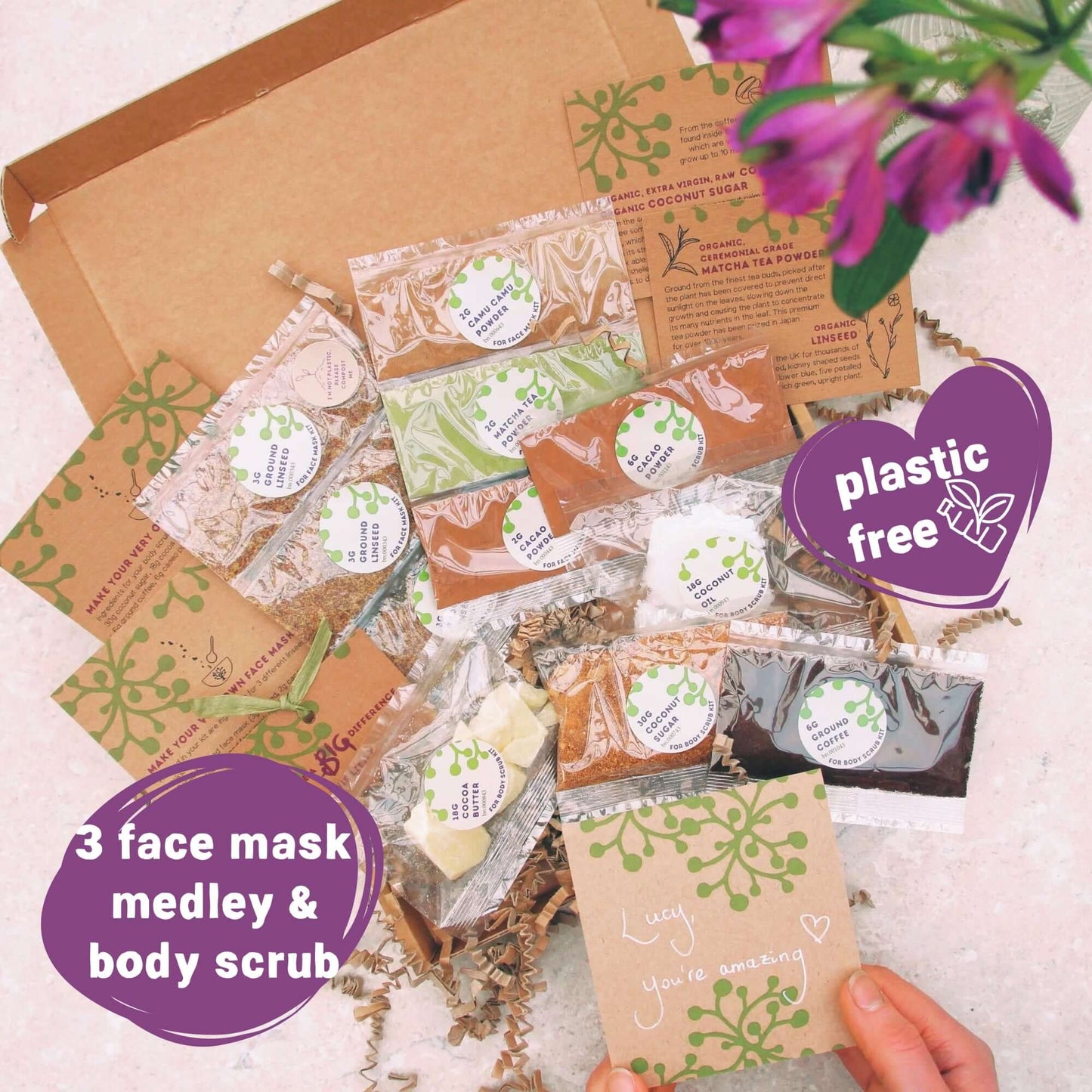 organic vegan ingredients to make 3 face mask kits and a body scrub kit, packaged in eco-friendly plastic free packaging